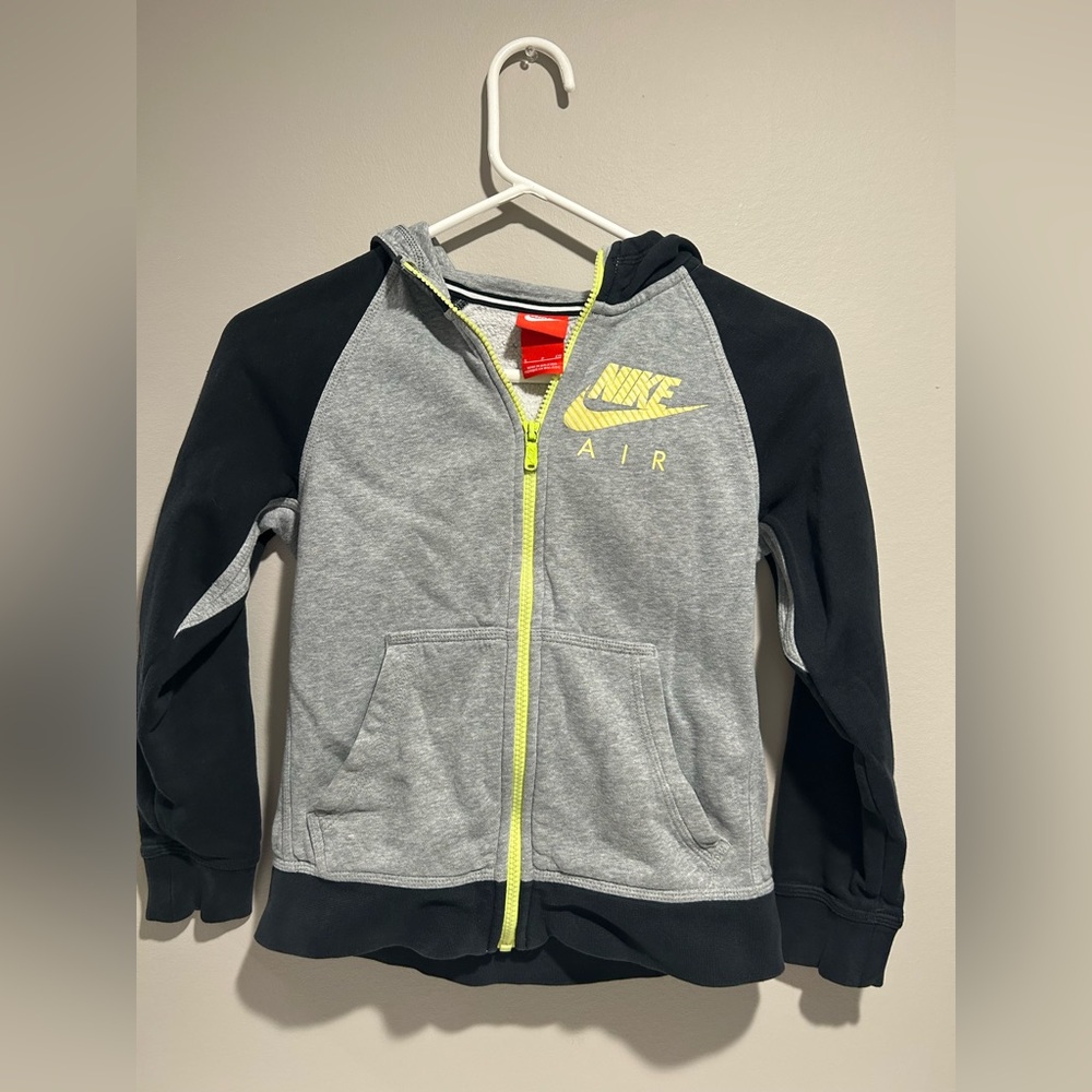 Nike Kids Gray and Black Zip-Up Hoodie with Yellow Logo